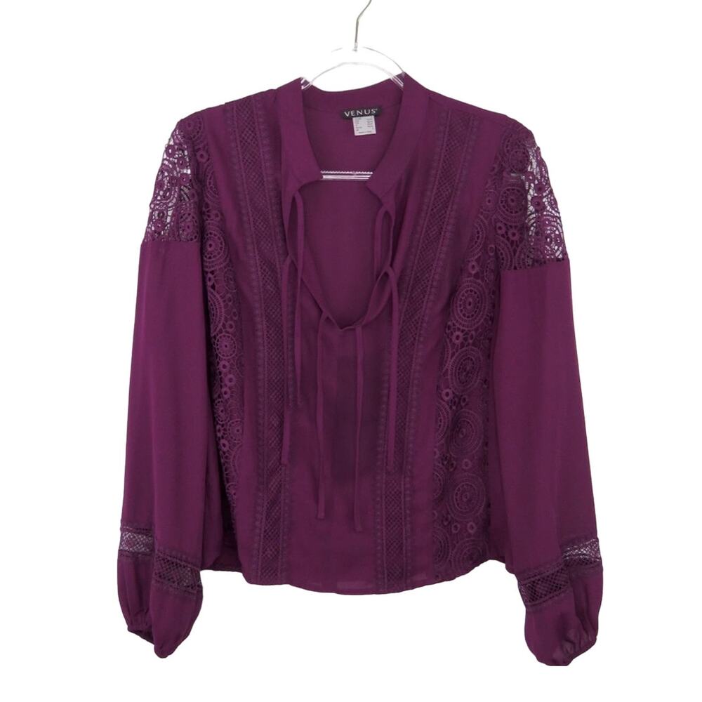 Venus Maroon Tie Front Crochet Blouse Lace Sheer Sleeve Modest Twee Blouse Small